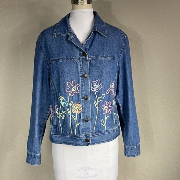Vintage TimberLea Flower Patch Ribbon Applique Denim Blue Jacket - Picture 1 of 13